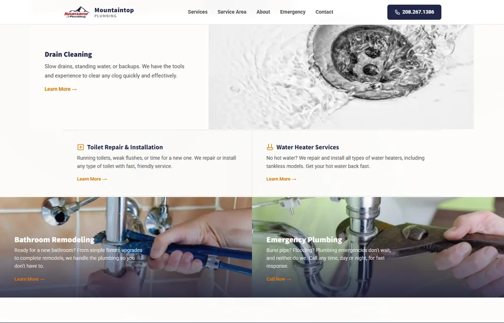 Mountaintop Plumbing rebuilt eight-page website with lead forms on every page