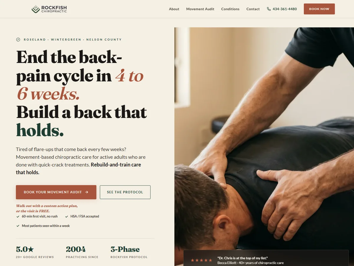 Rockfish Chiropractic rebuilt website with forest green branding and movement-based positioning