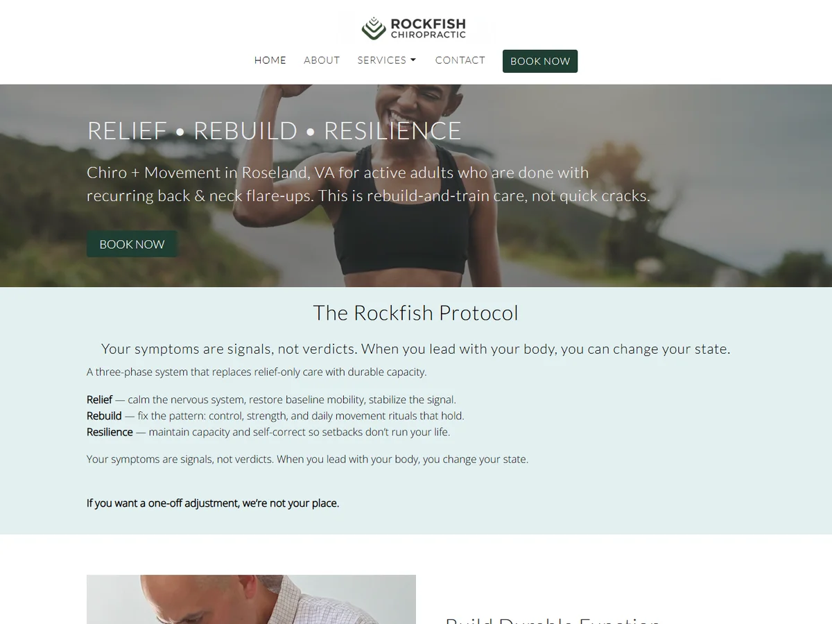Rockfish Chiropractic old template homepage with stock yoga photo and generic headline